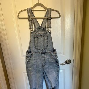 Light wash jean overalls